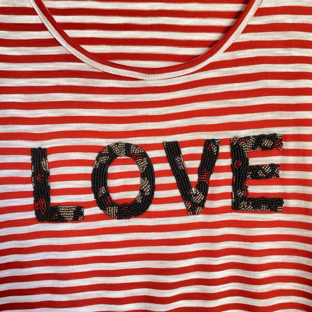 Chicos Tunic Top XL Red Striped Round Neck Long Sleeve Beaded Love Coastal - Picture 8 of 9